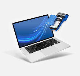 laptop with blue-swoosh backround and a credit card reader